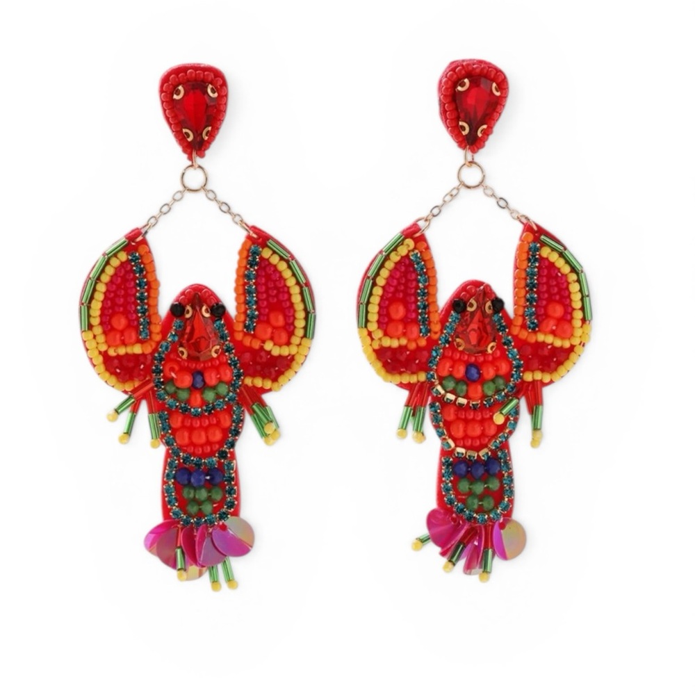 Colorful Beaded Lobster Statement Earrings One Size